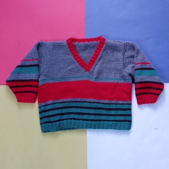 Vintage Kids Essential Knitted Striped V-Neck Sweater - Picture 2 of 6